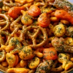 Ranch Snack Mix with Pretzels, Goldfish, and Dill Pickle Seasoning