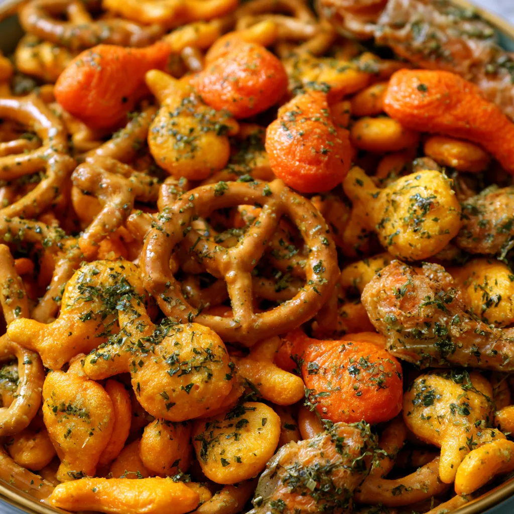 Ranch Snack Mix with Pretzels, Goldfish, and Dill Pickle Seasoning