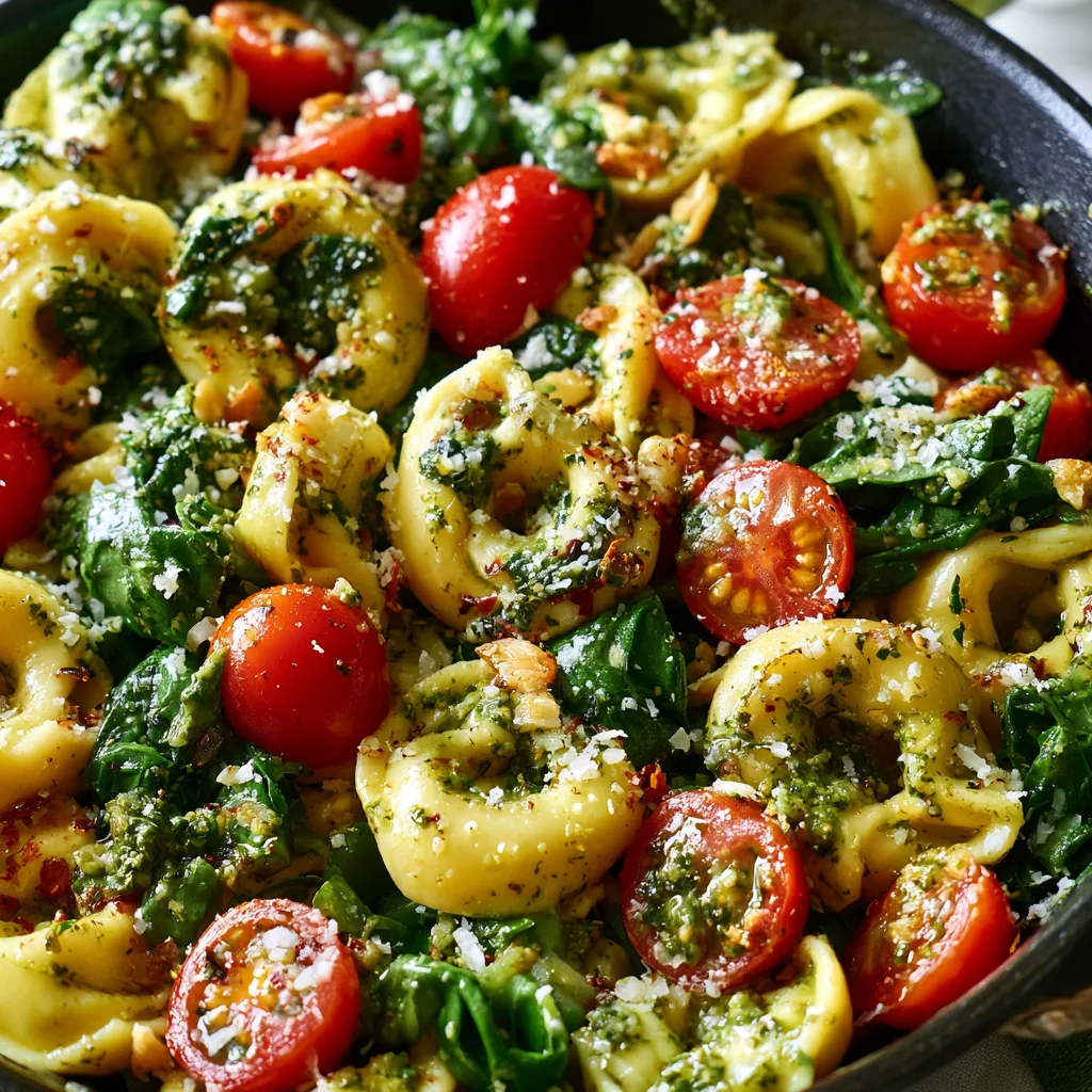 Summer Pesto Tortellini Skillet with Tomatoes and Spinach