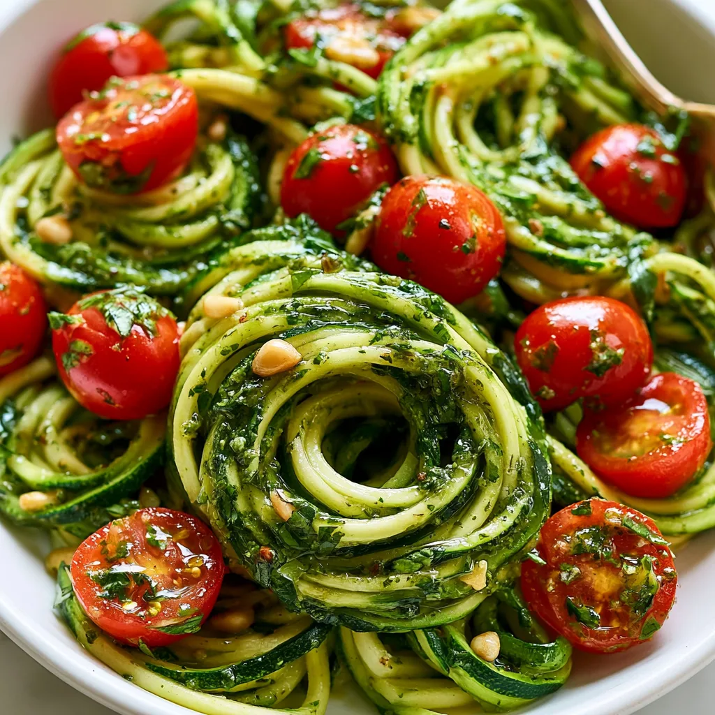 Zucchini Noodles with Pesto & Burst Cherry Tomatoes – No-Cook Sauce