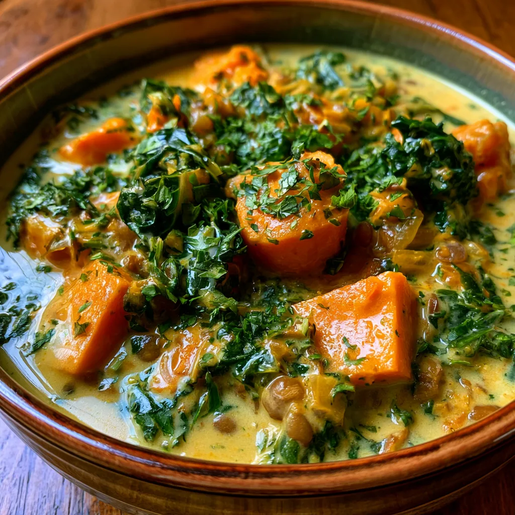 Ginger Sweet Potato and Coconut Milk Stew with Lentils & Kale