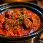 Pour tomato soup over raw stew meat, paired with these 2 ingredients, into slow cooker for a savory meal that’s my default when I don't know what to