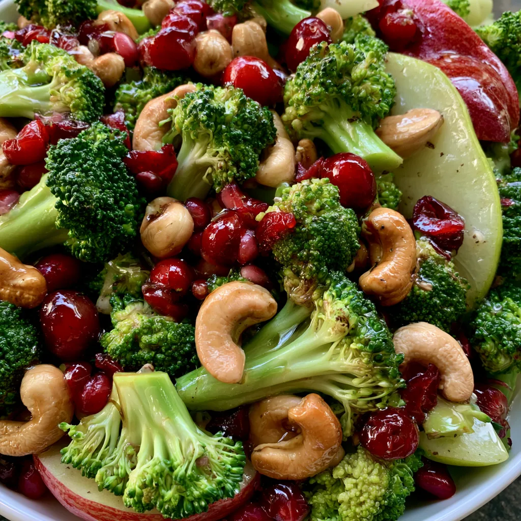 Crunchy Broccoli Cashew Salad with Sweet Apples, Juicy Pears, and Tart Cranberries