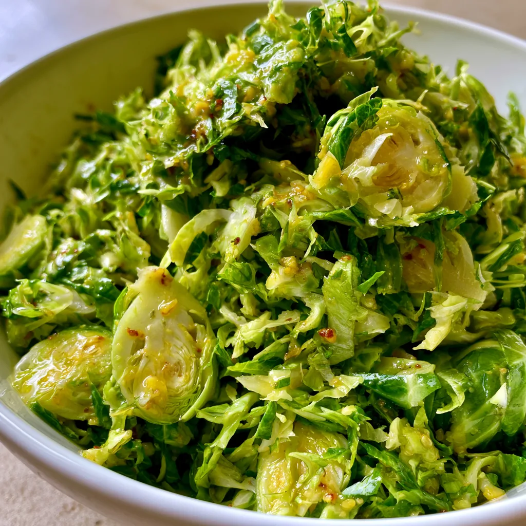 Delicious Brussels Sprout Salad with a Sweet Honey Mustard Vinaigrette!