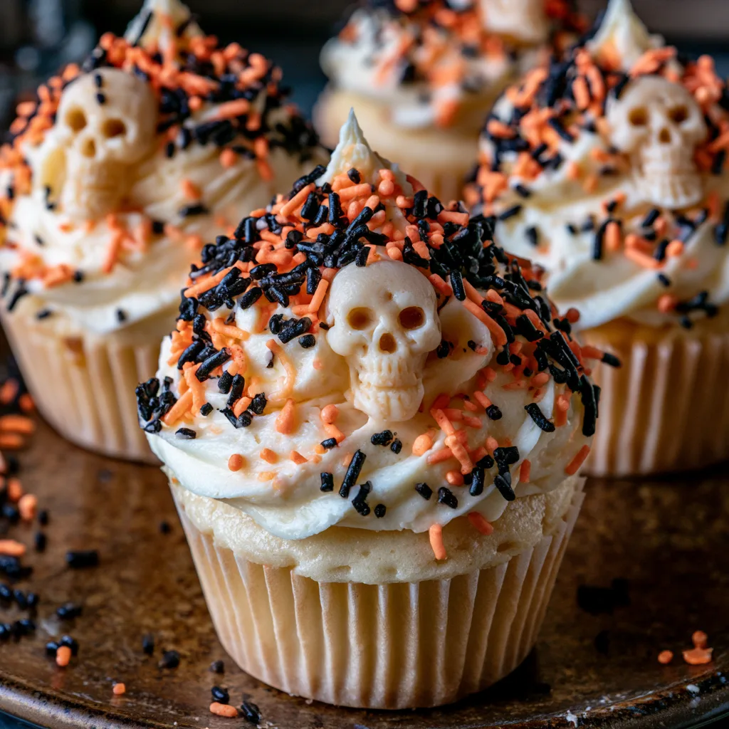 Delightfully Spooky Skull Cupcakes: Creamy Treats with Fun Sprinkles!