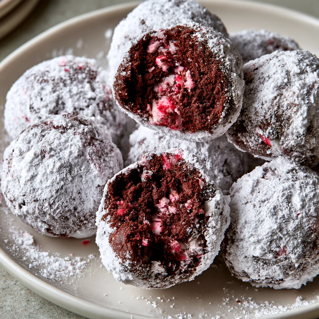 Chocolate Peppermint Snowball Cookies