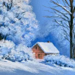 Cozy Cabin in Snow Oil Pastel Art