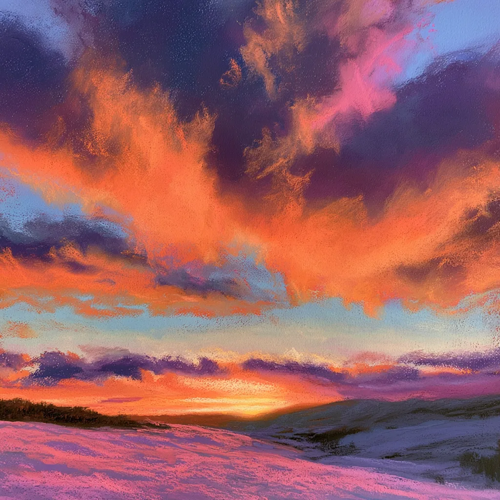 Winter Sunset Oil Pastel Landscape