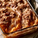 cinnamon streusel swirled maple sweet potato casserole