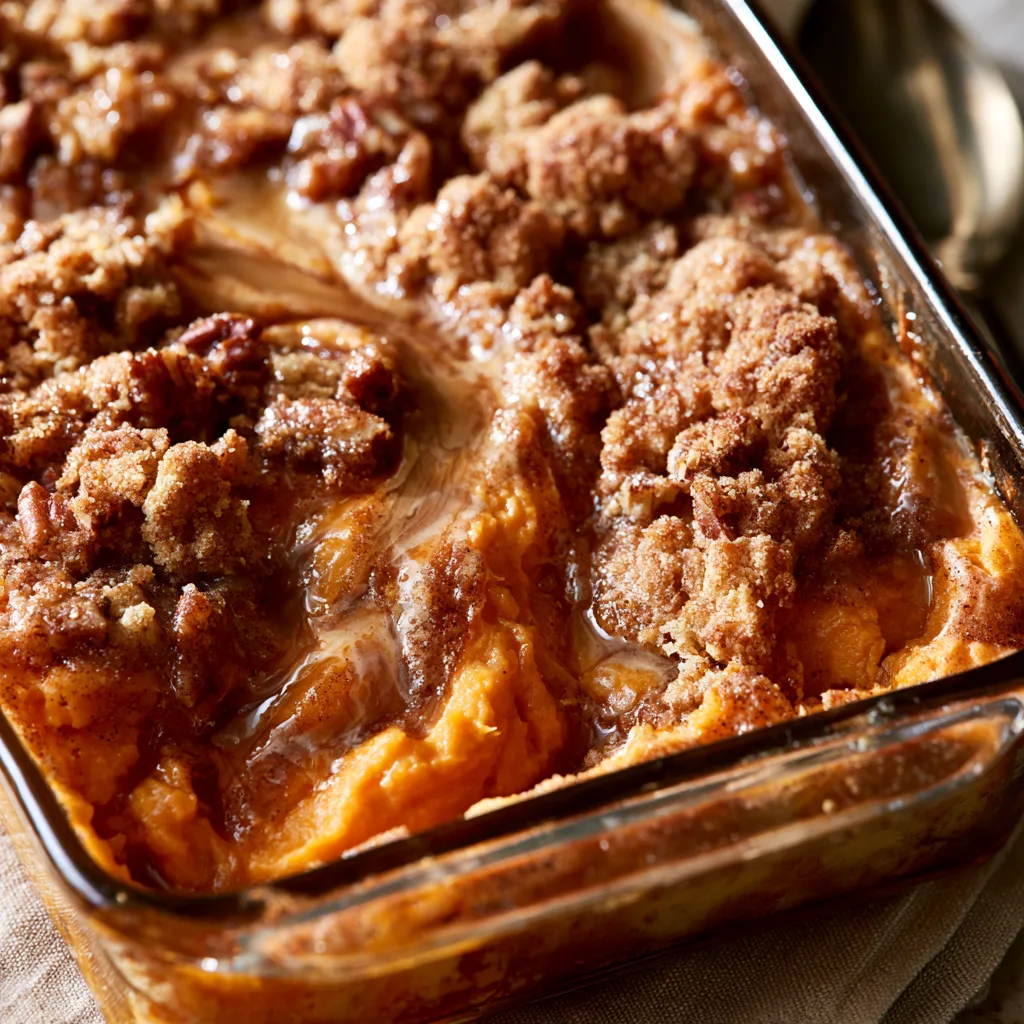 cinnamon streusel swirled maple sweet potato casserole
