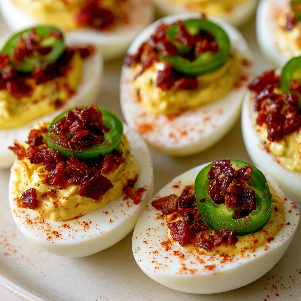 deviled eggs with candied bacon and jalapeño